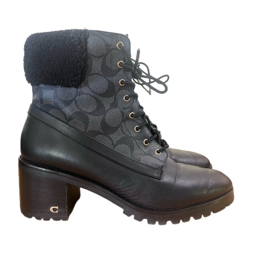 Coach Black Leather & Signature Canvas Lace-Up Combat Boots